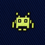 An embroidered lime green pixelated alien from a Green Space Invader Skinny Tie centered on a dark blue ribbed fabric.