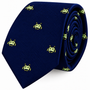 Green Space Invader Skinny Tie in dark blue with a repeating pattern of light green pixelated Space Invaders.
