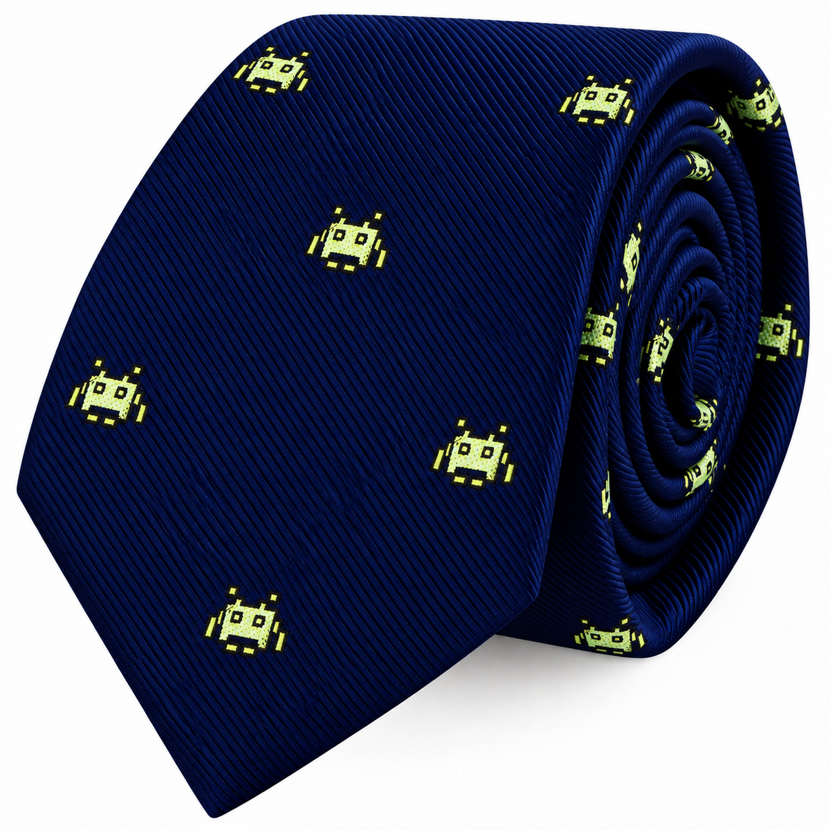 Green Space Invader Skinny Tie in dark blue with a repeating pattern of light green pixelated Space Invaders.