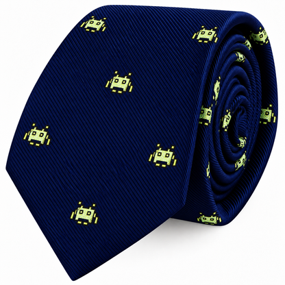 Green Space Invader Skinny Tie in dark blue with a repeating pattern of light green pixelated Space Invaders.