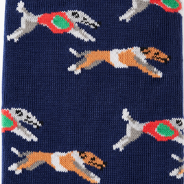 Blue fabric featuring knit dogs in mid-leap with red and green jackets—Greyhound Racing Socks perfect for any breed lover.