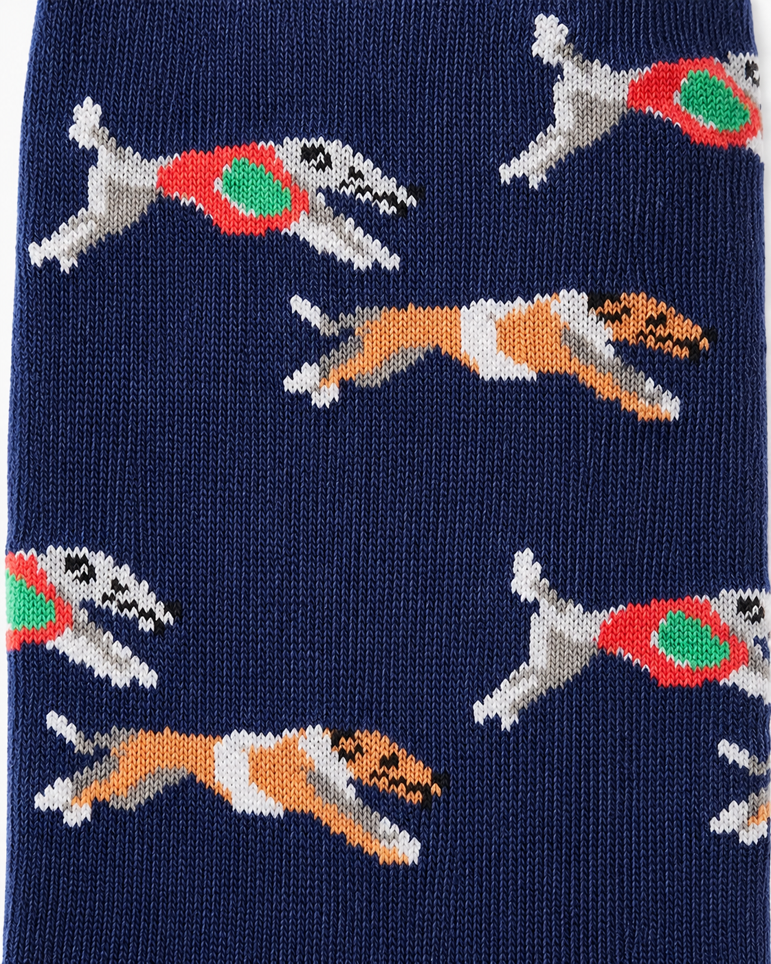 Blue fabric featuring knit dogs in mid-leap with red and green jackets—Greyhound Racing Socks perfect for any breed lover.