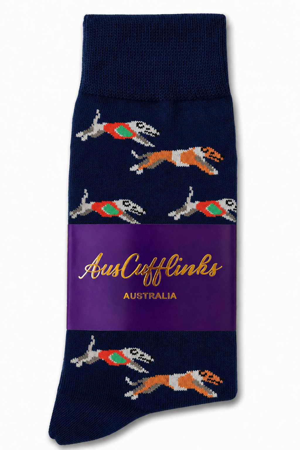 Greyhound Racing Socks—navy blue with running dogs in colorful sweaters, wrapped in a purple AusCufflinks Australia label—are the perfect gift for any canine enthusiast.