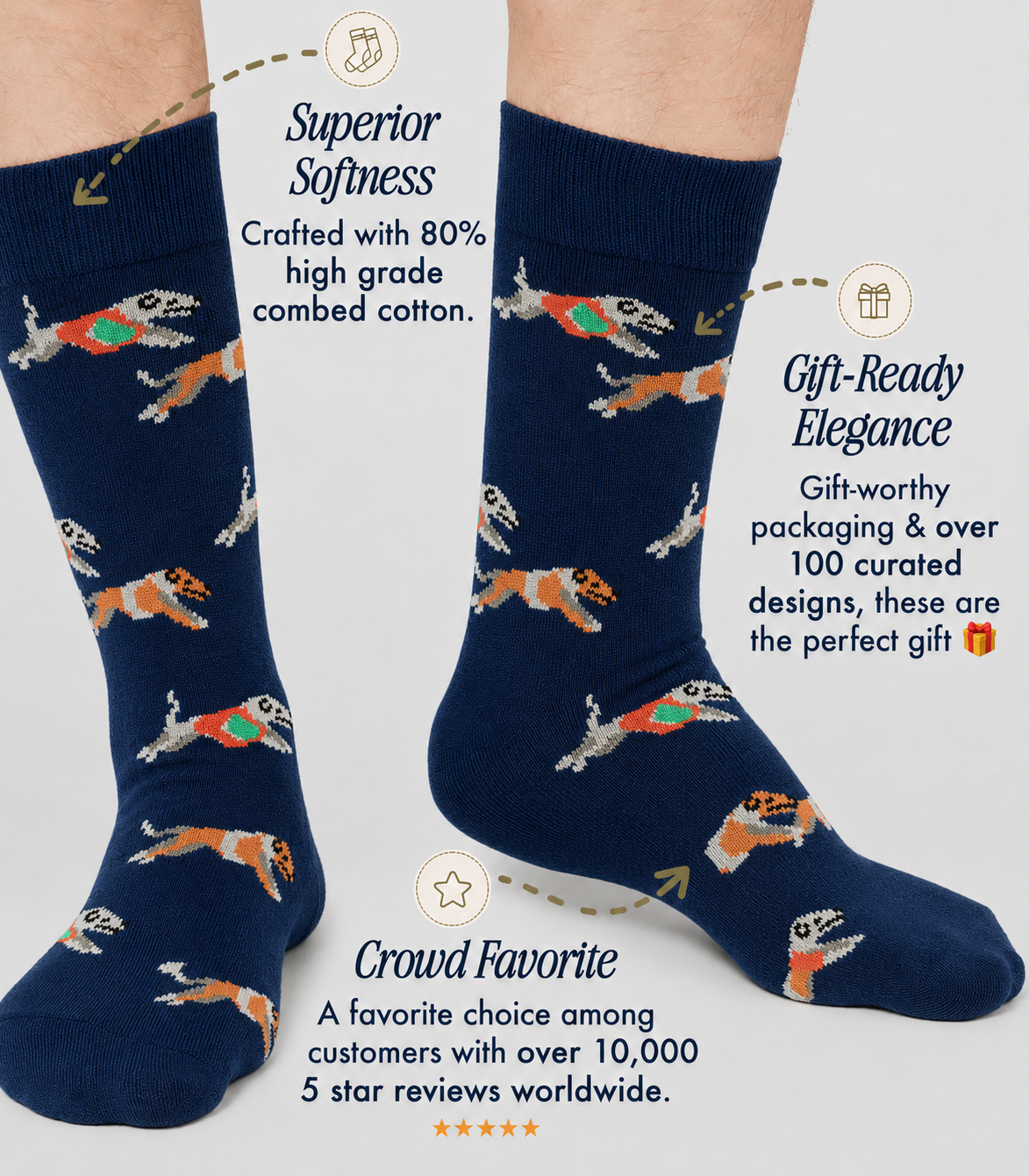 Feet wearing Greyhound Racing Socks in navy blue with a beagle pattern; text emphasizes their soft feel, stylish look, and high popularity among customers.