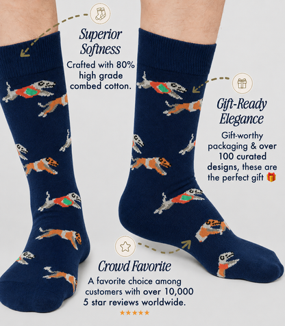 Feet wearing Greyhound Racing Socks in navy blue with a beagle pattern; text emphasizes their soft feel, stylish look, and high popularity among customers.
