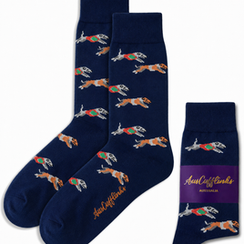 Greyhound Racing Socks featuring navy blue fabric and running dogs in red and green coats—by Aus Cufflinks Australia. A playful gift for dog lovers and greyhound enthusiasts.