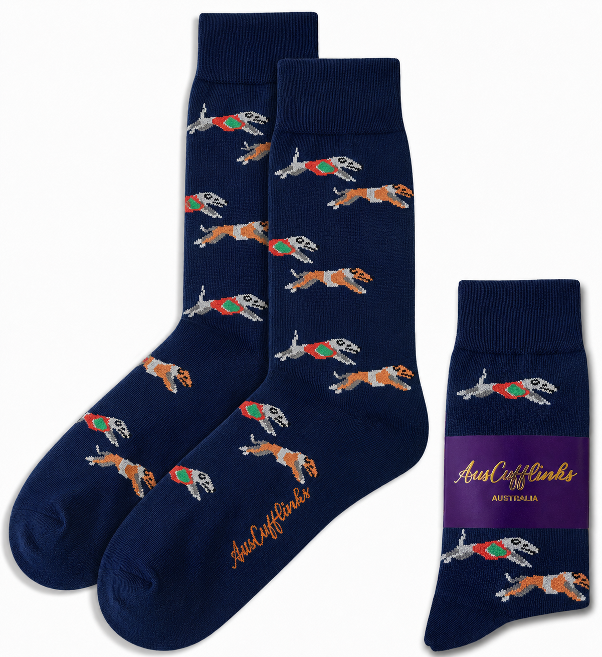 Greyhound Racing Socks featuring navy blue fabric and running dogs in red and green coats—by Aus Cufflinks Australia. A playful gift for dog lovers and greyhound enthusiasts.