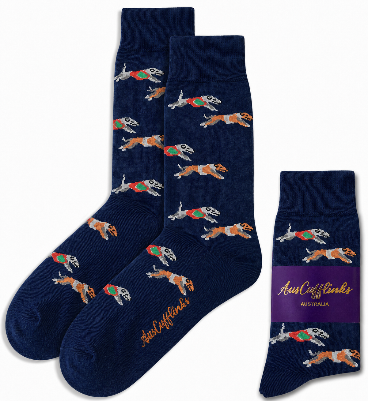 Greyhound Racing Socks in navy blue with running dogs in vests, plus a folded pair featuring a purple "AussieCufflinks" label—a fun and unique greyhound gift for dog lovers.