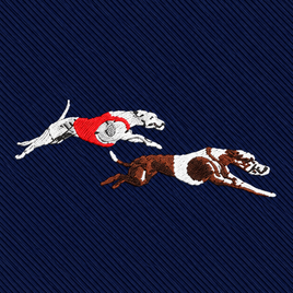 Embroidered image of two greyhounds running on a navy blue ribbed Greyhound Racing Skinny Tie.