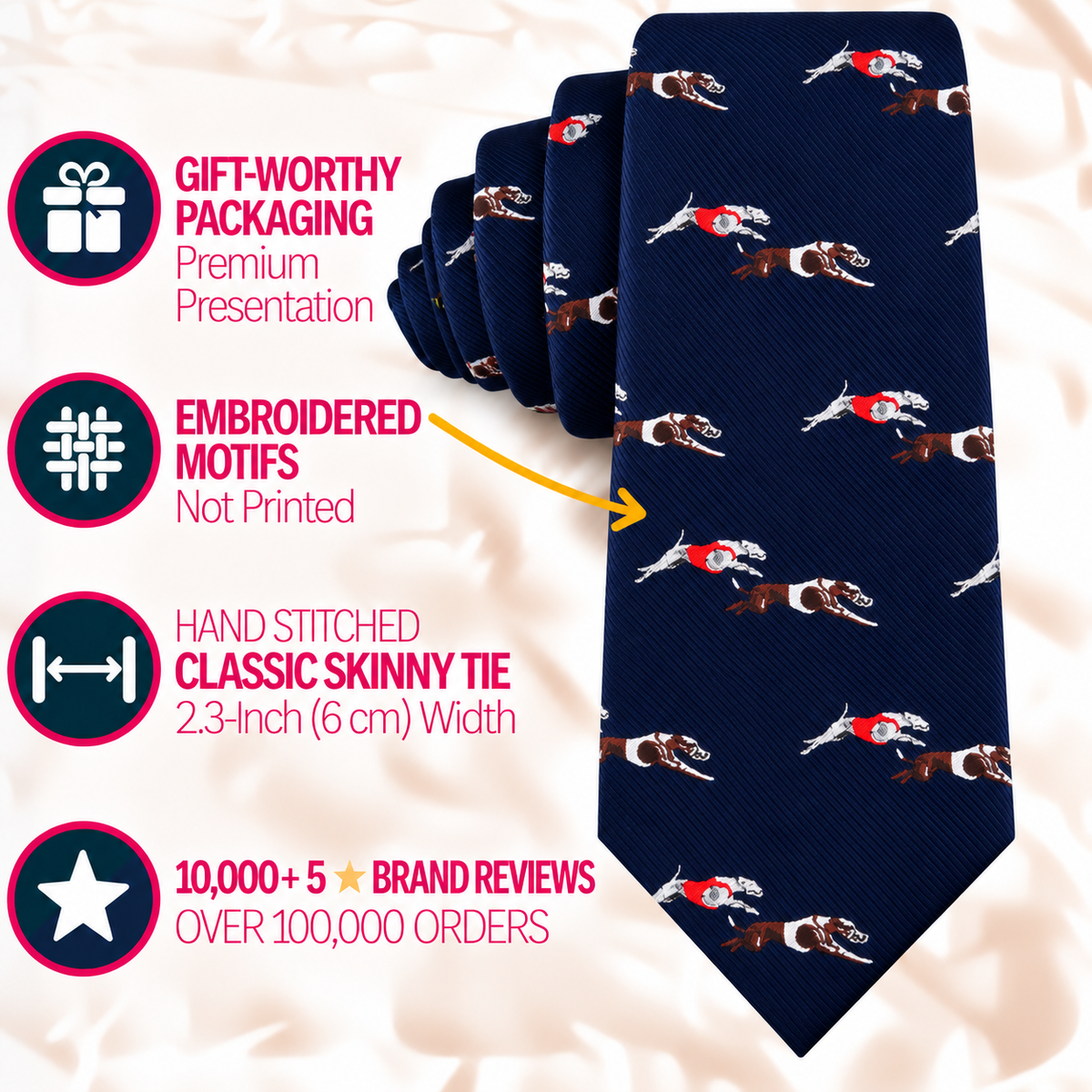 Greyhound Racing Skinny Tie in dark blue with a repeating dog pattern, featuring hand-stitched construction, embroidered motifs, and gift-worthy packaging.
