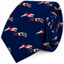 A navy blue Greyhound Racing Skinny Tie featuring a repeating pattern of greyhounds in red and white jackets.