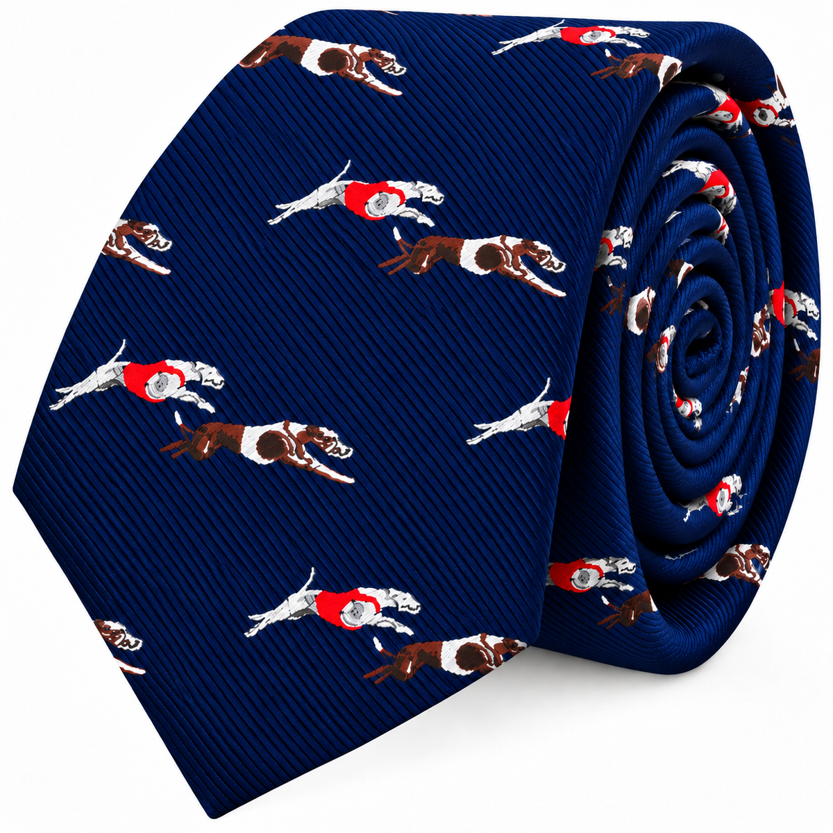 A navy blue Greyhound Racing Skinny Tie featuring a repeating pattern of greyhounds in red and white jackets.