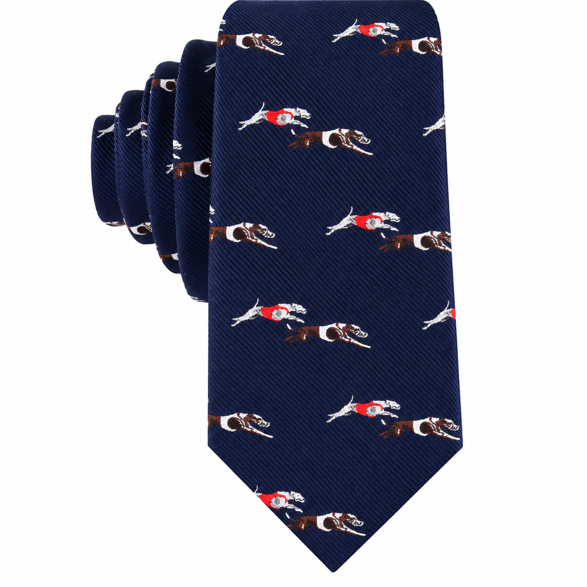 Greyhound Racing Skinny Tie in navy blue with a repeating pattern of greyhound racing dogs.