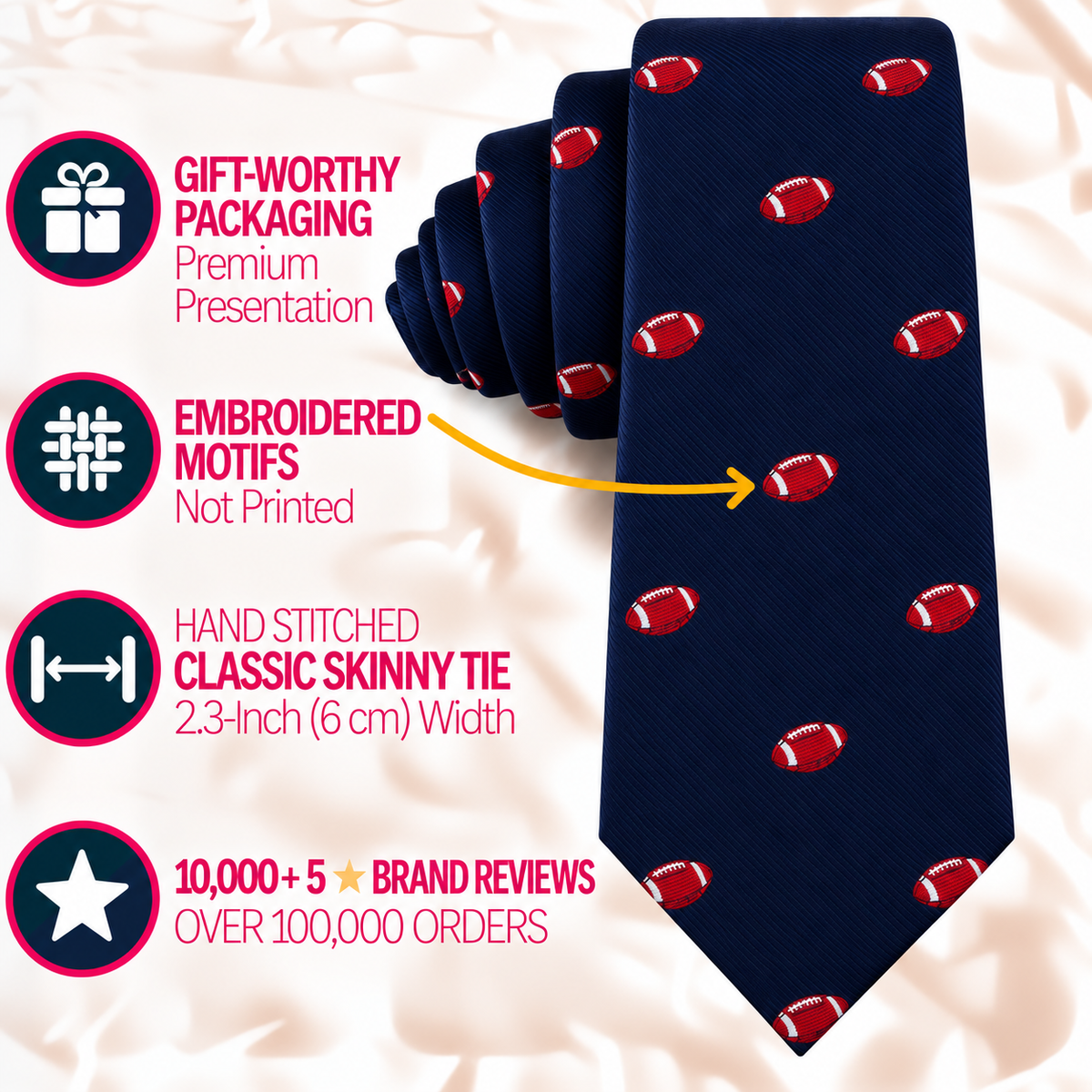 Gridiron Skinny Tie in navy blue with a red and white pattern, 2.3 inches wide with embroidered football motifs, packaged for gifting.