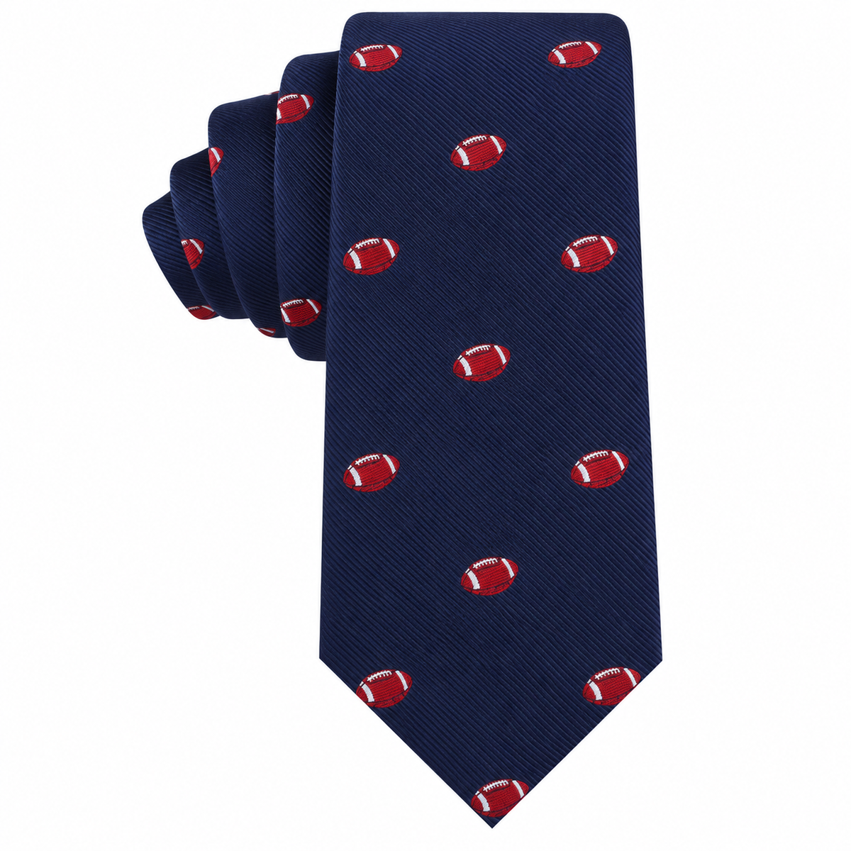 Gridiron Skinny Tie in navy blue featuring a pattern of small red and white footballs.