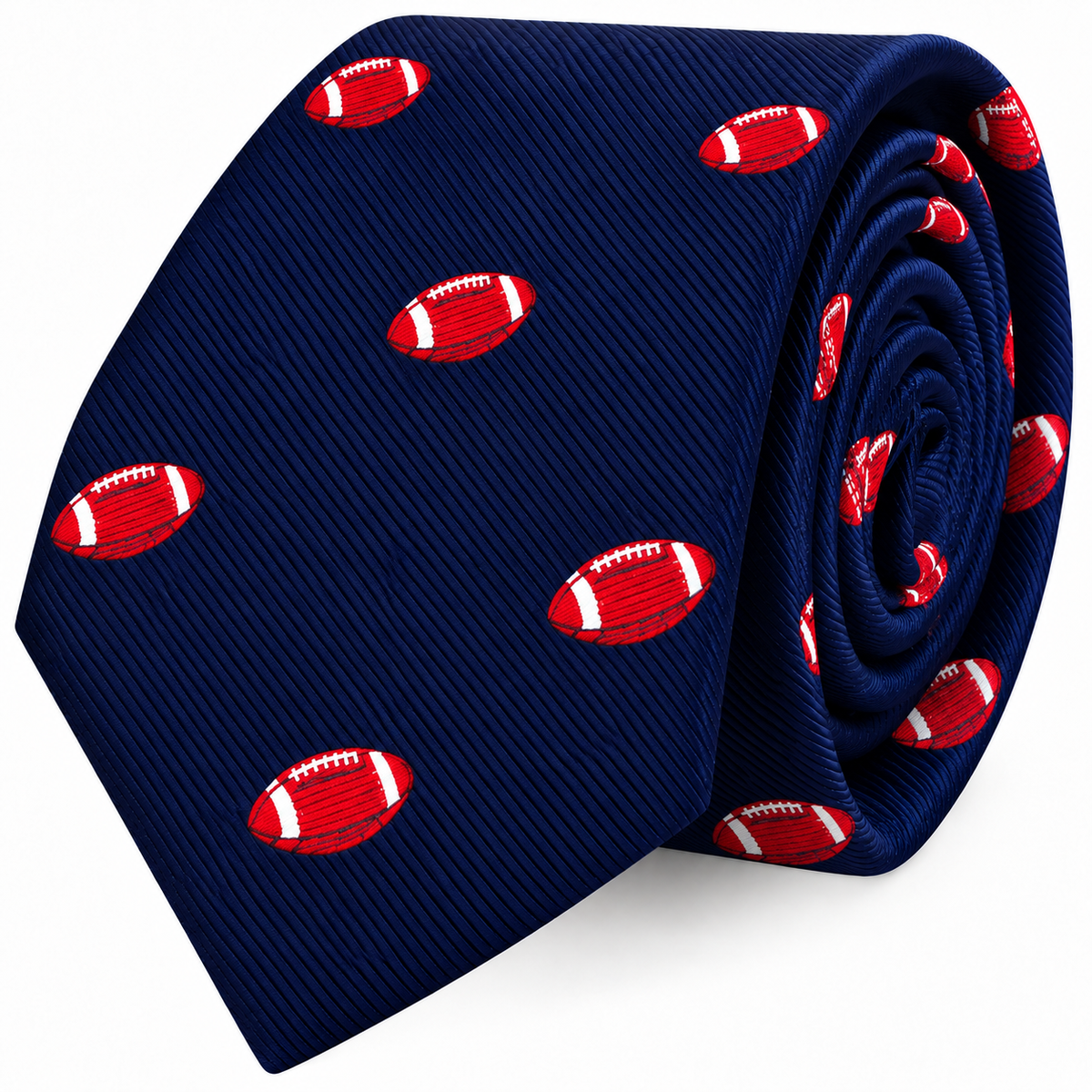 Gridiron Skinny Tie in navy blue with a repeating pattern of red and white footballs.