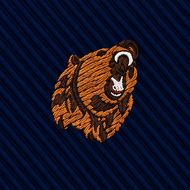 Grizzly Bear Skinny Tie featuring an embroidered grizzly bear head on a dark blue, diagonally ribbed skinny tie.