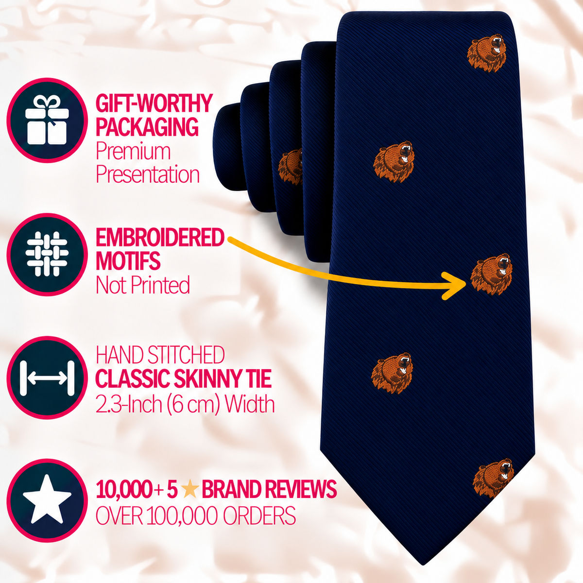 Navy blue Grizzly Bear Skinny Tie featuring a repeating brown bear head pattern, a 2.3-inch width, embroidered motifs, and premium packaging.