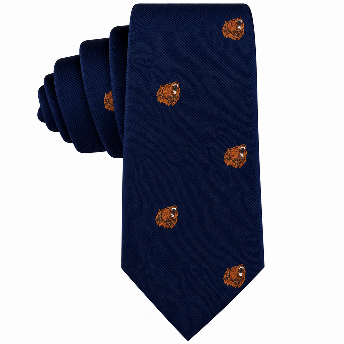Dark blue Grizzly Bear Skinny Tie with a repeating pattern of small grizzly bear heads.