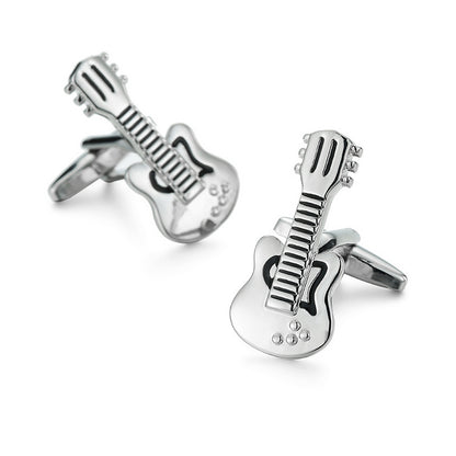 Guitar Cufflinks: Chic silver cufflinks shaped like guitars, featuring intricate detailing on the body and neck, ideal for stylish guitar enthusiasts.