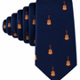 Introducing the Guitar Skinny Tie: a navy blue, musician-themed accessory adorned with a repeating pattern of small brown guitars. Displayed in five overlapping layers against a white background, this stylish tie makes the perfect gift for music lovers or anyone seeking a unique Guitar Skinny Tie.