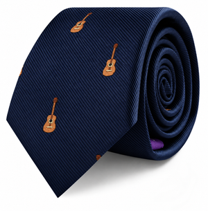 Introducing the Guitar Skinny Tie: a navy blue necktie featuring a subtle diagonal stripe pattern and small embroidered brown acoustic guitars evenly spaced across the fabric—an ideal musician-themed accessory and a thoughtful gift for music lovers.