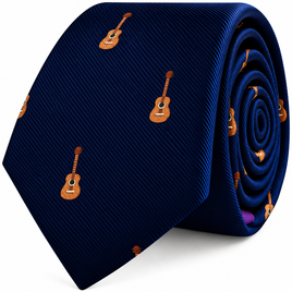 Guitar Skinny Tie in dark blue with a repeating pattern of small acoustic guitars.