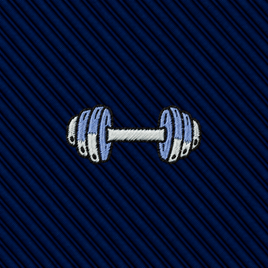 An embroidered dumbbell icon on a dark blue, diagonally striped Gym Skinny Tie.