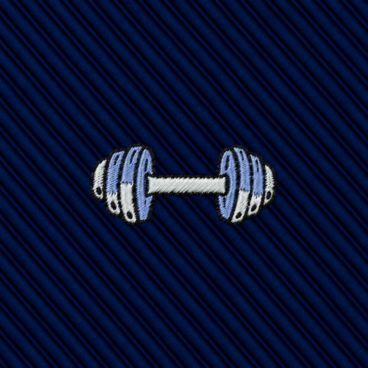 An embroidered dumbbell icon on a dark blue, diagonally striped Gym Skinny Tie.