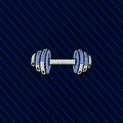 An embroidered dumbbell icon on a dark blue, diagonally striped Gym Skinny Tie.