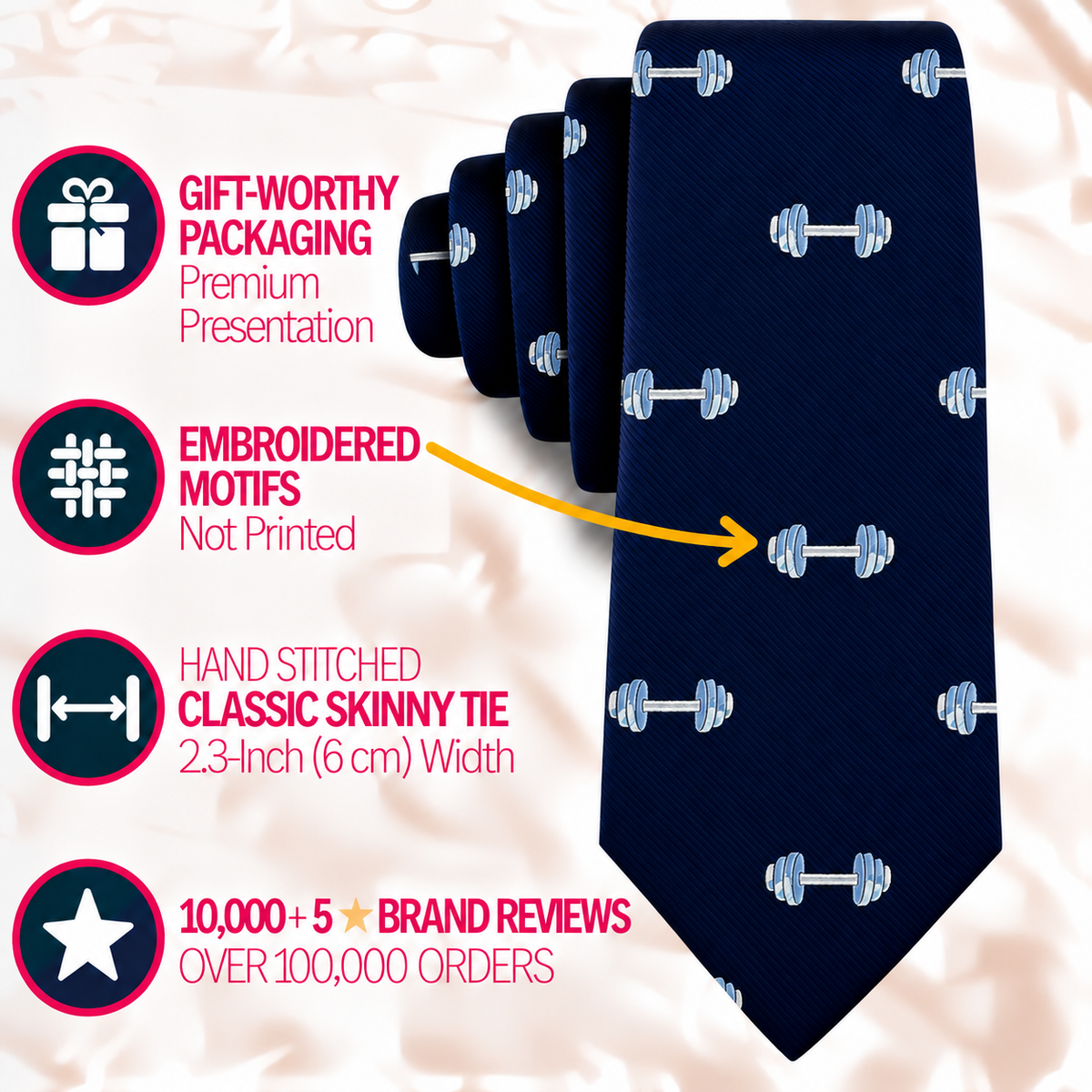 Gym Skinny Tie in dark blue with a light blue dumbbell print, alongside icons for gift packaging, embroidered motifs, 2.3-inch width, and brand review statistics.