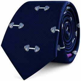 Gym Skinny Tie in navy blue featuring a light blue dumbbell print.