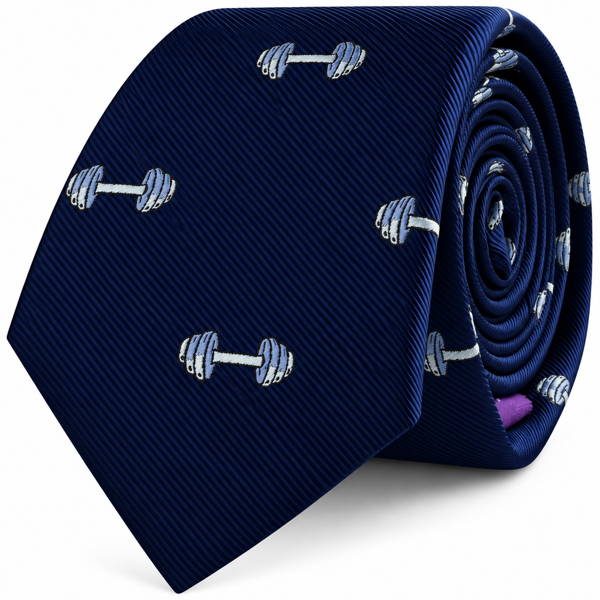 Gym Skinny Tie in navy blue featuring a light blue dumbbell print.