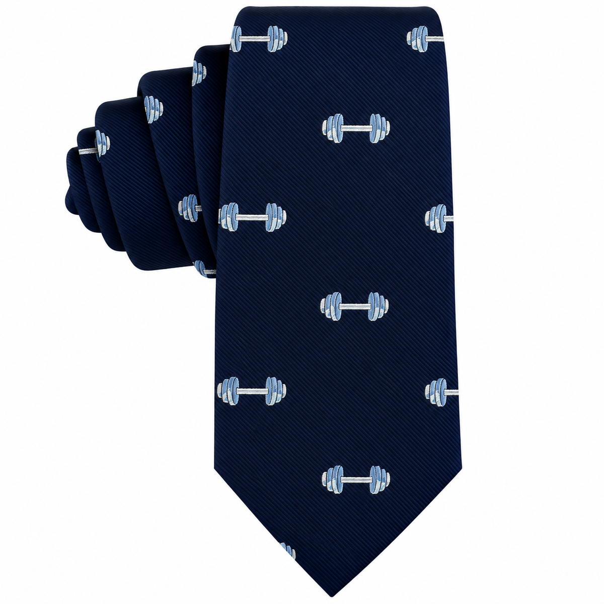 Gym Skinny Tie in navy blue with a repeating pattern of light blue dumbbells.