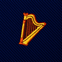 Harp Skinny Tie featuring an embroidered golden harp patch on a dark blue ribbed fabric.