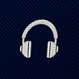 White embroidered icon of over-ear headphones centered on a dark blue diagonal striped Headphone Skinny Tie.