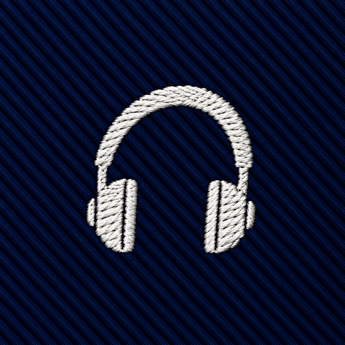 White embroidered icon of over-ear headphones centered on a dark blue diagonal striped Headphone Skinny Tie.