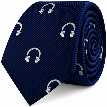 Headphone Skinny Tie in dark blue with a repeating headphone pattern.