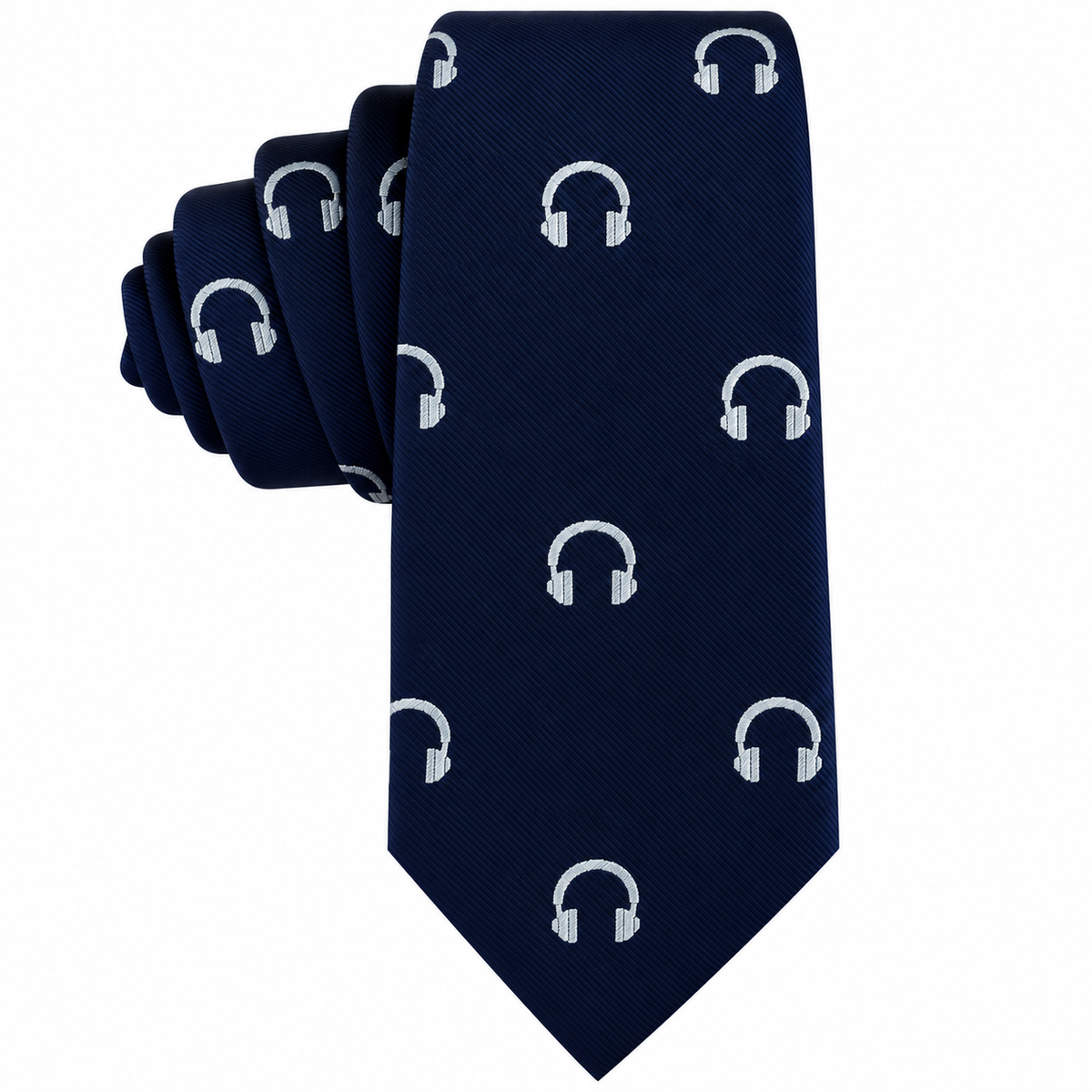 Headphone Skinny Tie in dark blue with a repeating pattern of white headphone icons.