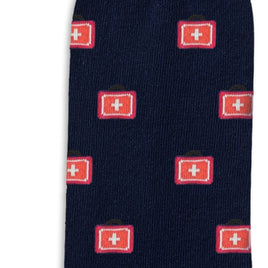 Medical Cross Socks—navy blue, comfortable, with a repeating red cross pattern and small first aid kit icons—perfect for healthcare professionals.