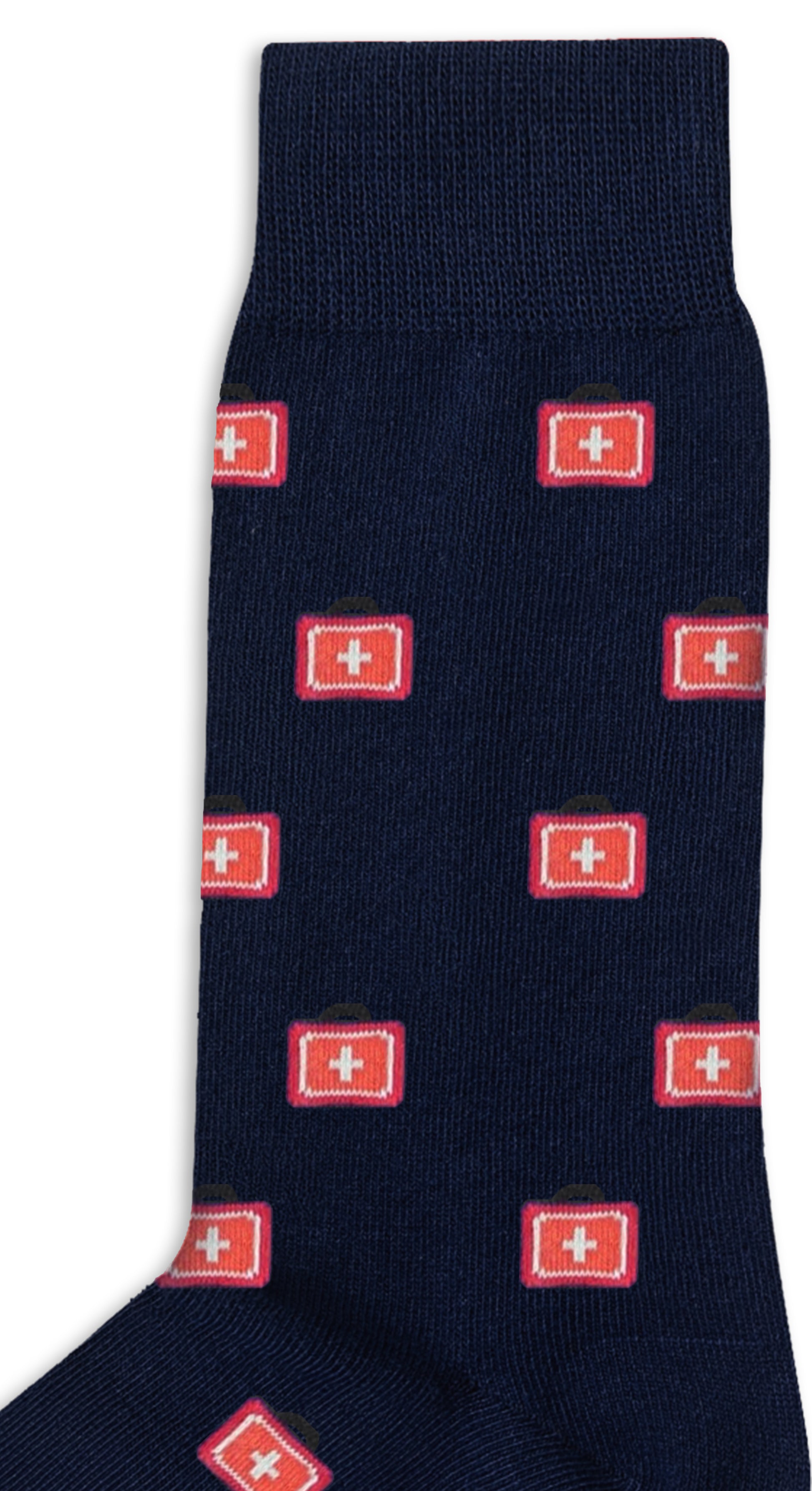 Medical Cross Socks—navy blue, comfortable, with a repeating red cross pattern and small first aid kit icons—perfect for healthcare professionals.