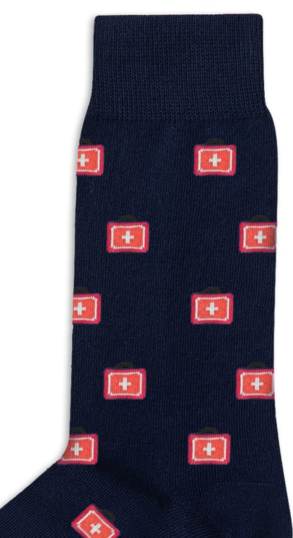 Medical Cross Socks—navy blue, comfortable, with a repeating red cross pattern and small first aid kit icons—perfect for healthcare professionals.