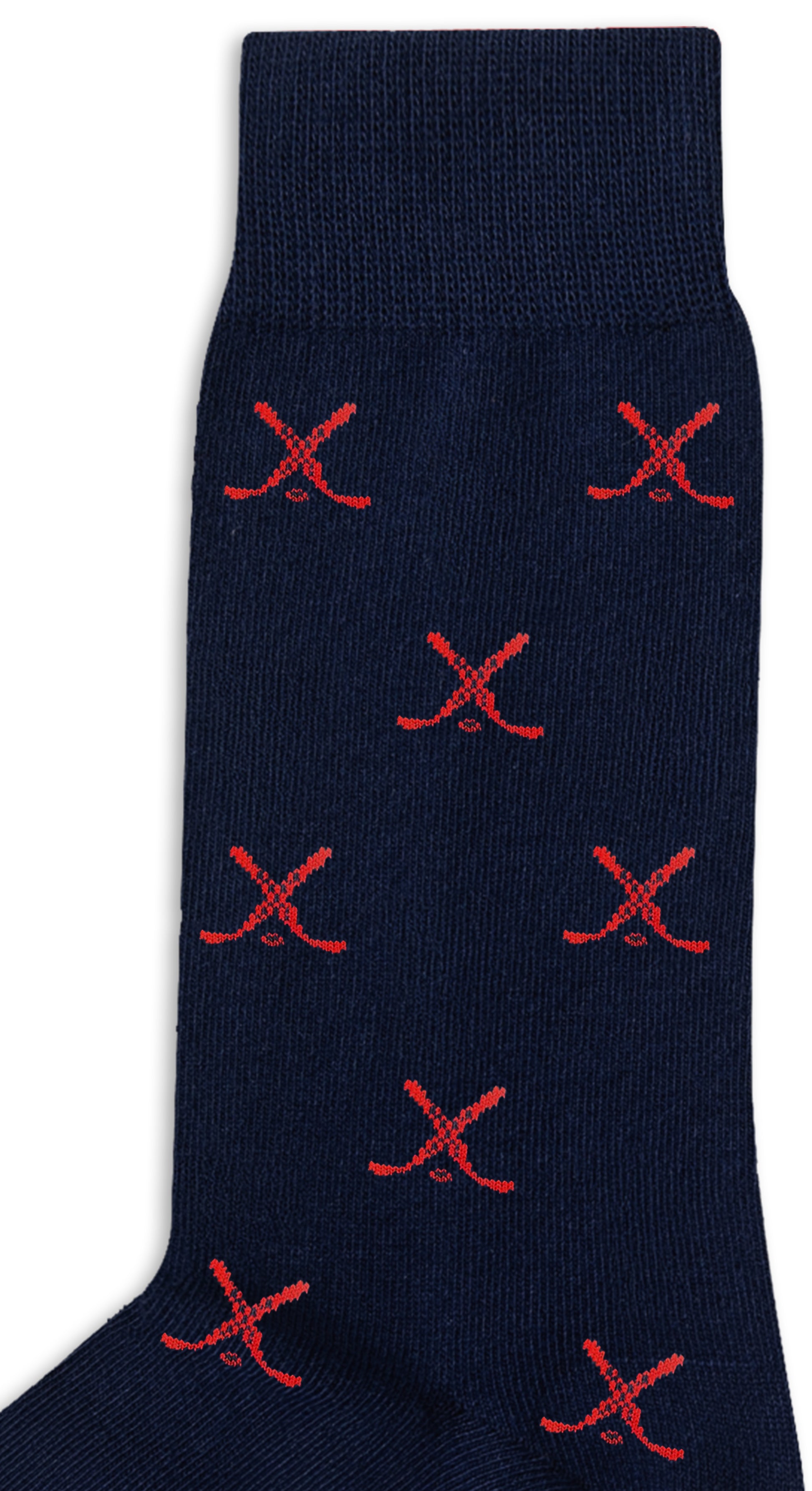 Red and Navy Ice Hockey Cross Socks feature a navy blue base with evenly spaced small red X patterns—making them a stylish hockey gift.