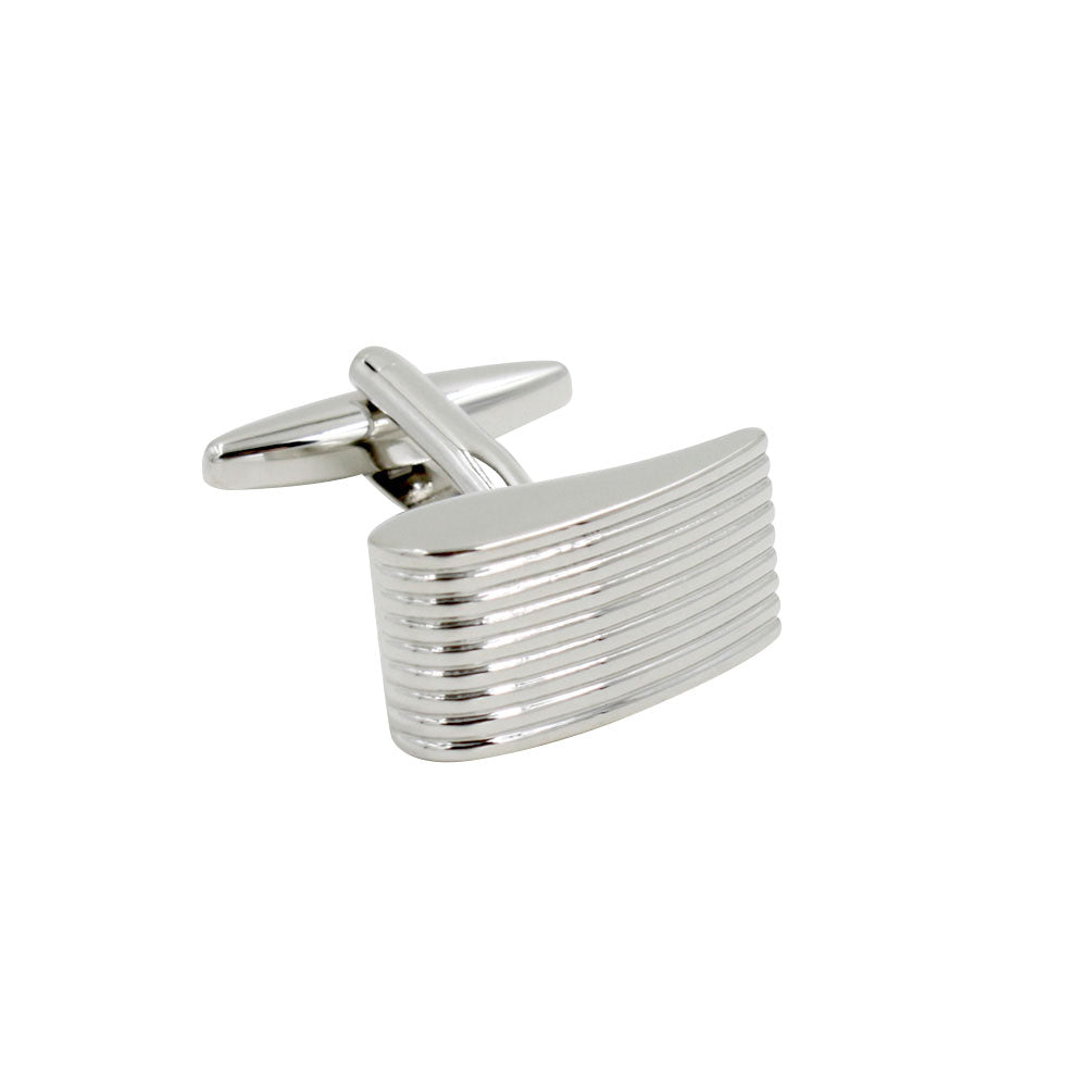 The Horizontal Sweep Cufflinks are silver cufflinks with a grooved, rectangular face that showcase linear elegance and feature a simple swivel bar mechanism.