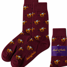 Horse Racing MAROON Socks with a repeating camel and rider pattern, plus one folded sock labeled "AussieCufflinks AUSTRALIA"—a unique gift for jockeys or horse racing enthusiasts.