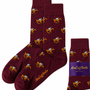 Horse Racing MAROON Socks with a repeating camel and rider pattern, plus one folded sock labeled "AussieCufflinks AUSTRALIA"—a unique gift for jockeys or horse racing enthusiasts.