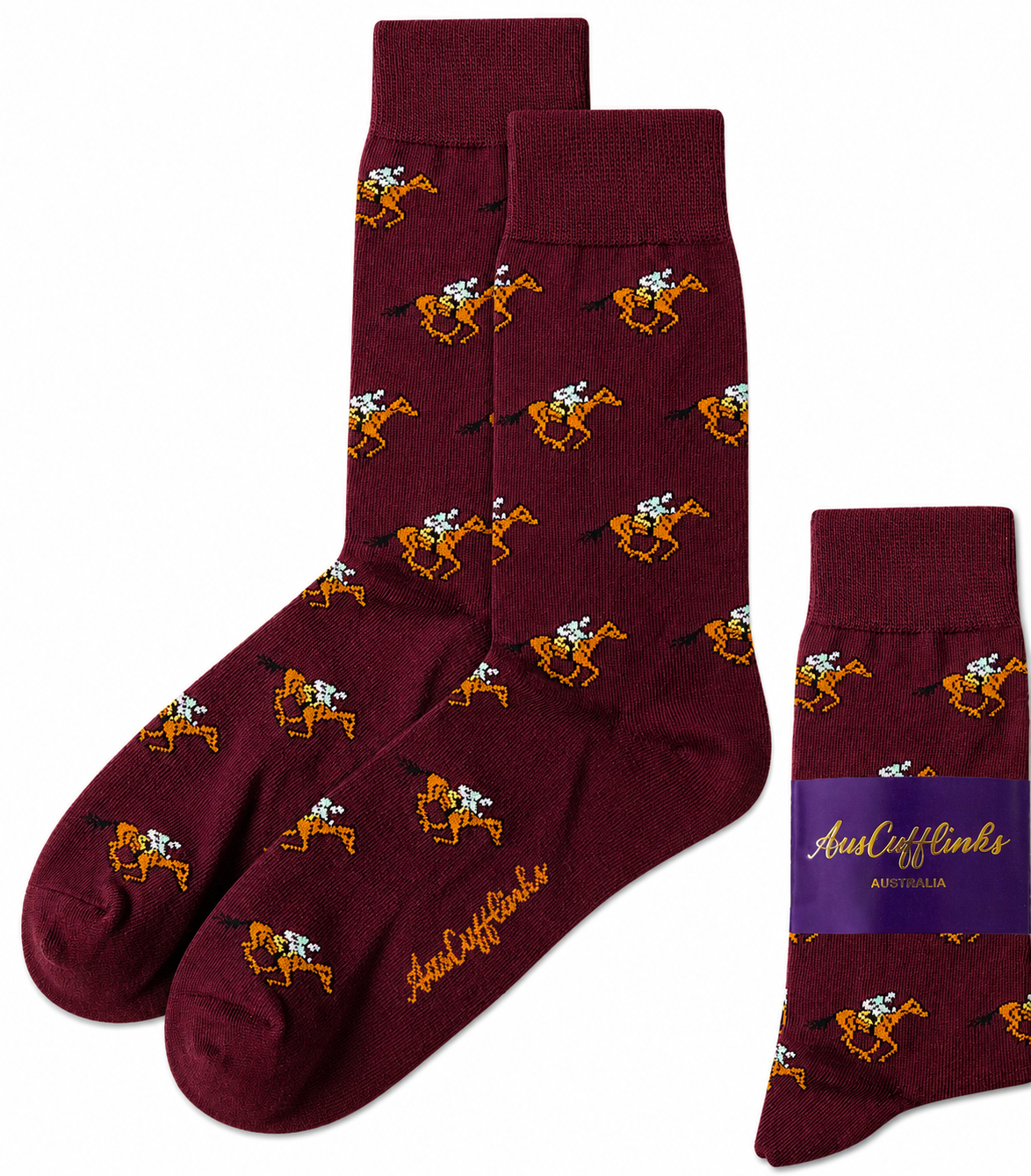 Horse Racing MAROON Socks with a repeating camel and rider pattern, plus one folded sock labeled "AussieCufflinks AUSTRALIA"—a unique gift for jockeys or horse racing enthusiasts.