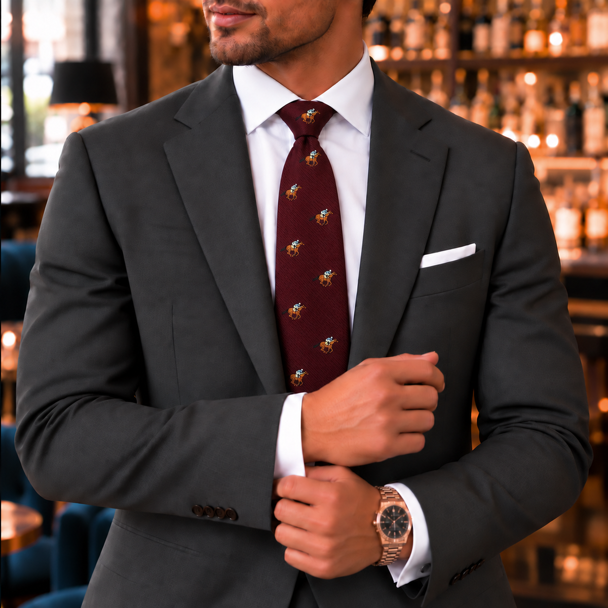 A man in a dark suit with a white shirt and the Horse Racing Skinny MAROON Tie, featuring a subtle jockey print, adjusts his cuff in a bar or lounge while wearing a wristwatch.