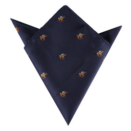 The Horse Racing Pocket Square in navy blue by AusCufflinks features embroidered horse and rider motifs and pointed edges—ideal for adding a stylish touch to your Melbourne Cup outfit.