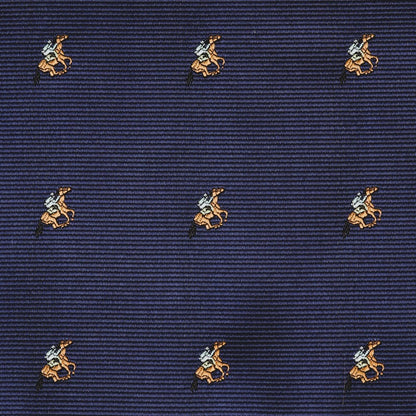 Dark blue textured fabric with embroidered tan polo players on horseback, the Horse Racing Pocket Square by AusCufflinks is the perfect Melbourne Cup or horse racing accessory.